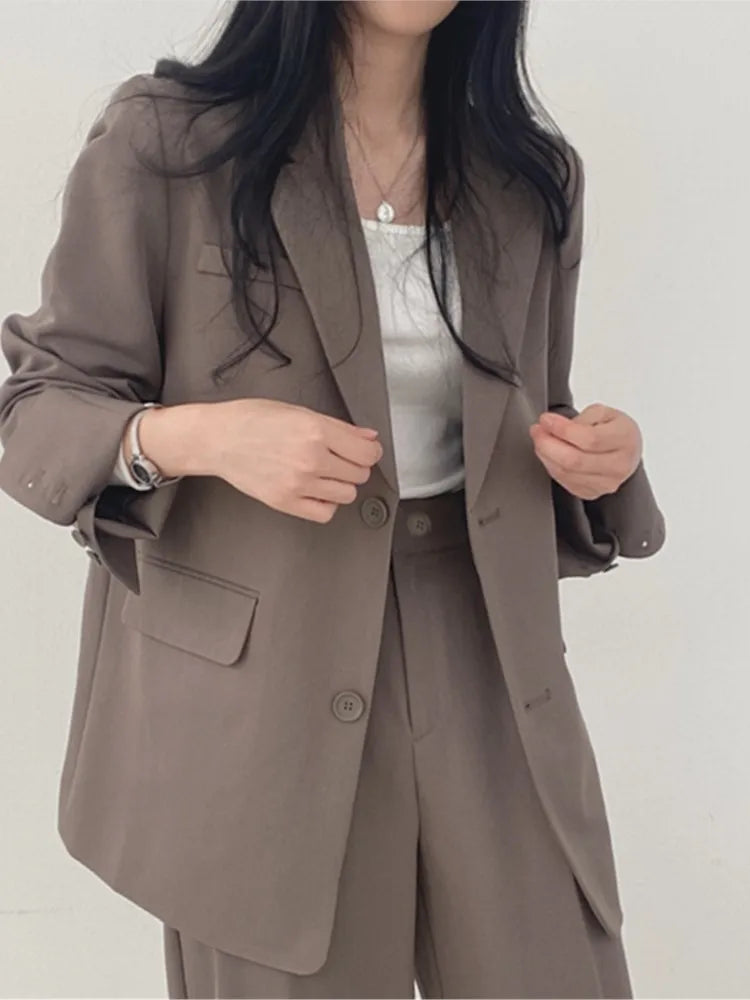 Women’s Solid Office Suit Top Coat Single Breasted Wide Leg Pants Loose Female Outfits Elegant Autumn Spring Streetwear Clothing