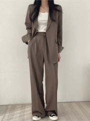 Women’s Solid Office Suit Top Coat Single Breasted Wide Leg Pants Loose Female Outfits Elegant Autumn Spring Streetwear Clothing