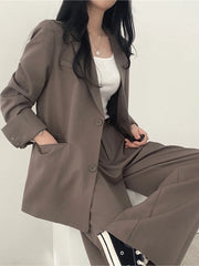 Women’s Solid Office Suit Top Coat Single Breasted Wide Leg Pants Loose Female Outfits Elegant Autumn Spring Streetwear Clothing