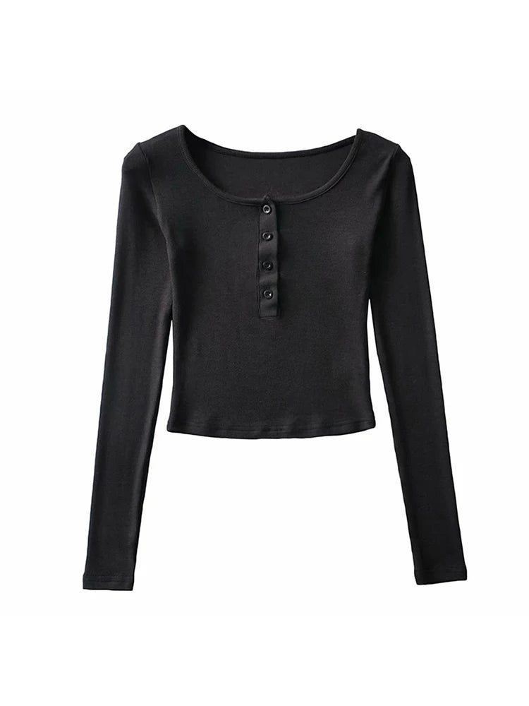 Women’s Spring Autumn Slim Crop Tops Casual Solid Color Long Sleeve Button Down T-shirt Basic Tee Harajuku Tops