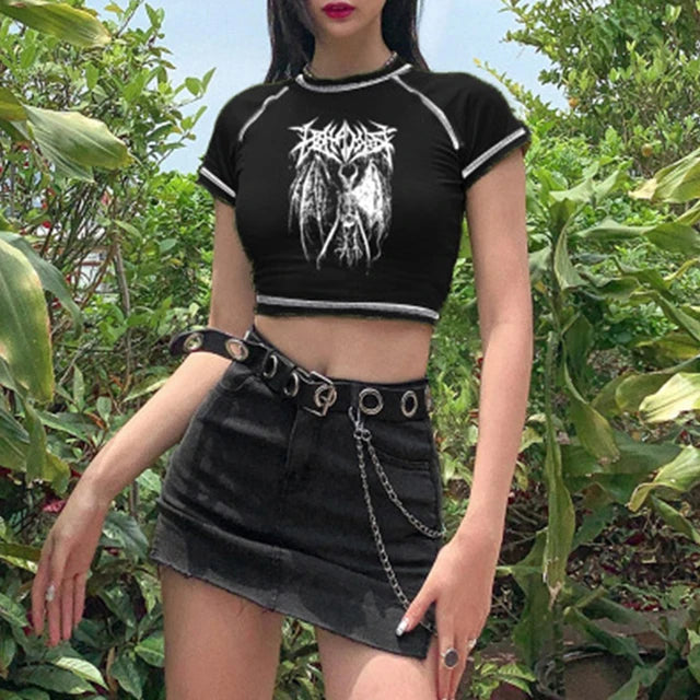 Women’s T-shirt Harajuku crop Top Harajuku Retro Korean Black Demon Punk Gothic Anime Print Clothes Slim anime