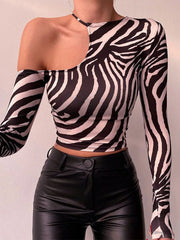 Women’s T-shirt Long Sleeve Strapless Irregular Zebra Print Top 2024 Spring New Product Short Top Y2K Tees Streetwear Newgirls