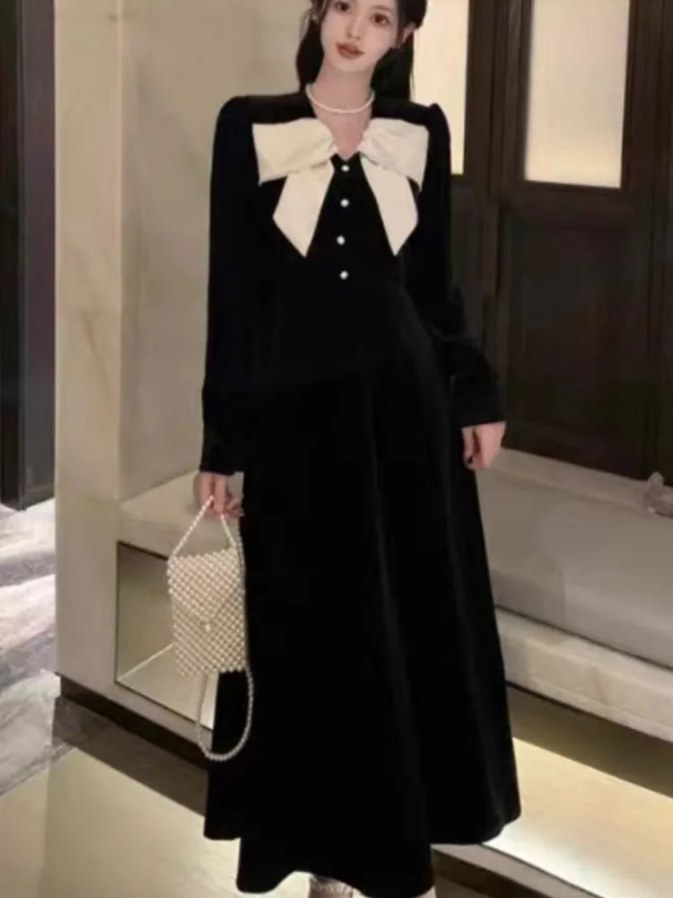 Women’s Velvet Midi Dress Autumn Spring Bow Design V-neck Long Sleeve A-line French Vintage Evening Party Prom Robe Vestidos New