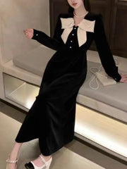 Women’s Velvet Midi Dress Autumn Spring Bow Design V-neck Long Sleeve A-line French Vintage Evening Party Prom Robe Vestidos New