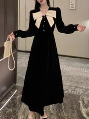 Women’s Velvet Midi Dress Autumn Spring Bow Design V-neck Long Sleeve A-line French Vintage Evening Party Prom Robe Vestidos New