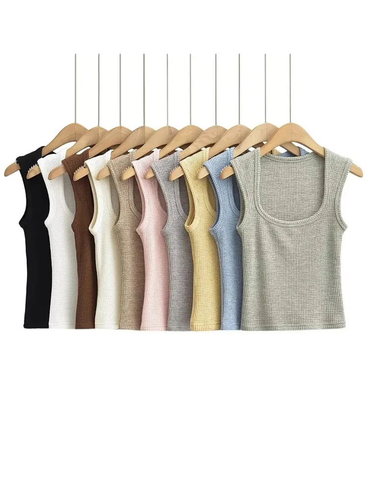 Women’s Waffle Cashmere Square Collar Camisole Tops 2024 New Spring Summer Sexy Tank Top 10 Colors