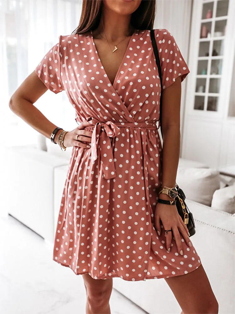 Womens Summer Fashion Mini Dress Short Sleeve V-Neck Ladies Polka Dot Dreeses Split Vestidos For Femela Boho Beach Holiday Dress