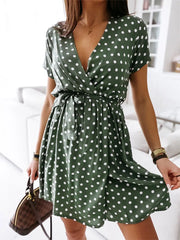 Womens Summer Fashion Mini Dress Short Sleeve V-Neck Ladies Polka Dot Dreeses Split Vestidos For Femela Boho Beach Holiday Dress