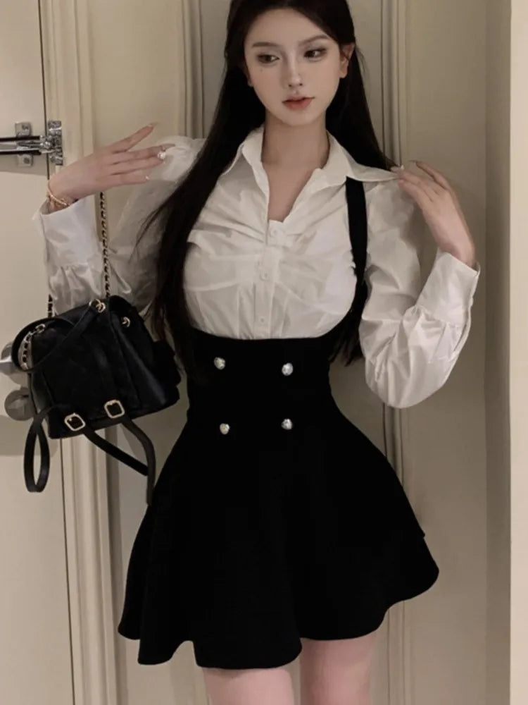 Y2K 3 Piece Set Women Cropped Coat + Long Sleeve Shirt + High Waist Halter Ruffles Mini Dress Korean Chic Fashion Sexy Outfits