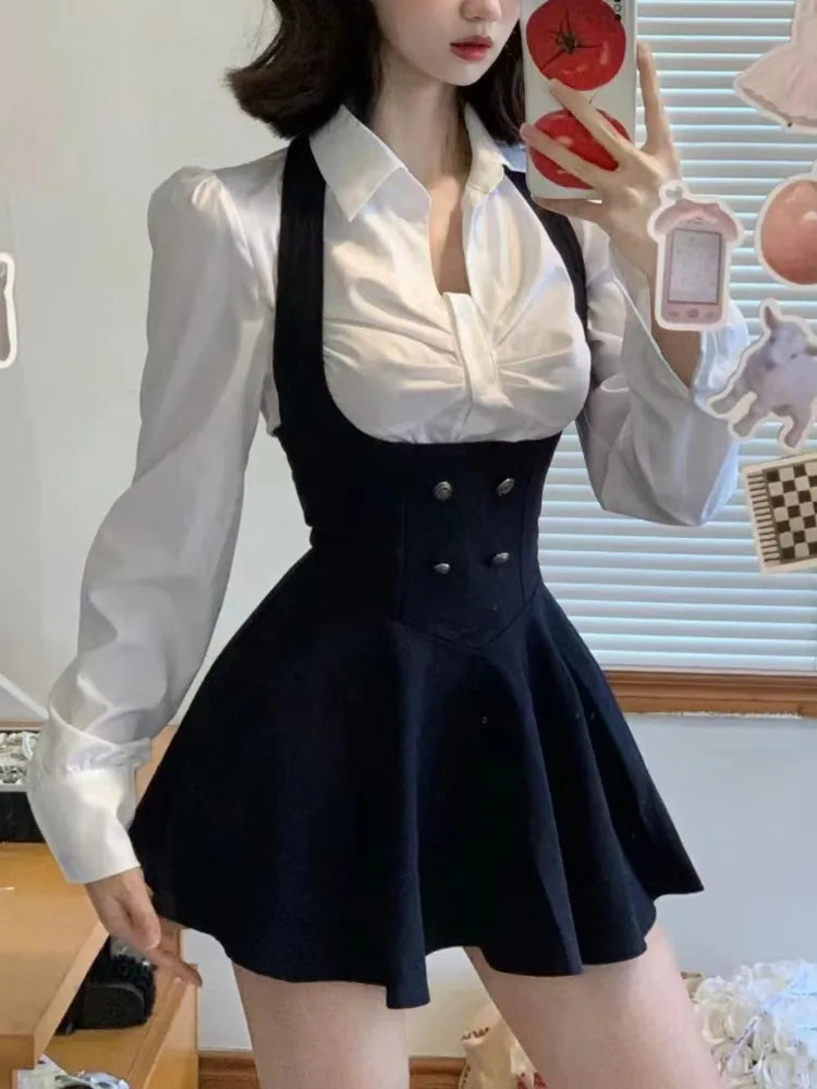 Y2K 3 Piece Set Women Cropped Coat + Long Sleeve Shirt + High Waist Halter Ruffles Mini Dress Korean Chic Fashion Sexy Outfits