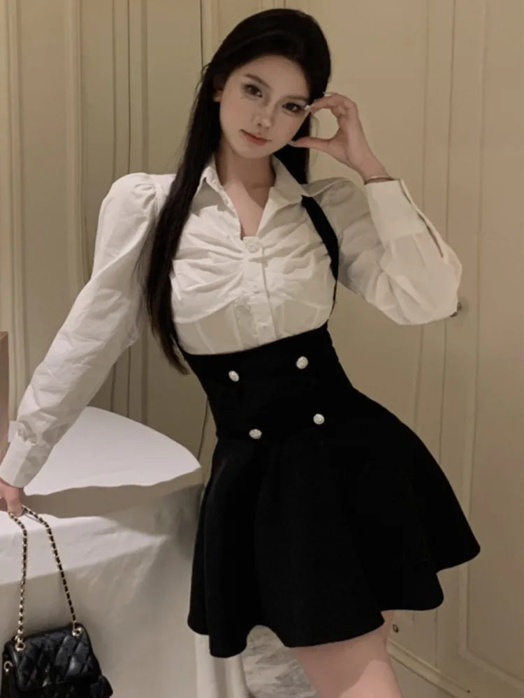 Y2K 3 Piece Set Women Cropped Coat + Long Sleeve Shirt + High Waist Halter Ruffles Mini Dress Korean Chic Fashion Sexy Outfits