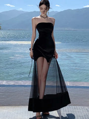 Y2K Black Strapless Wedding Evening Party Dresses for Women Black Mesh Patchwork Sexy New Summer Korean Fashion Midi Vestidos