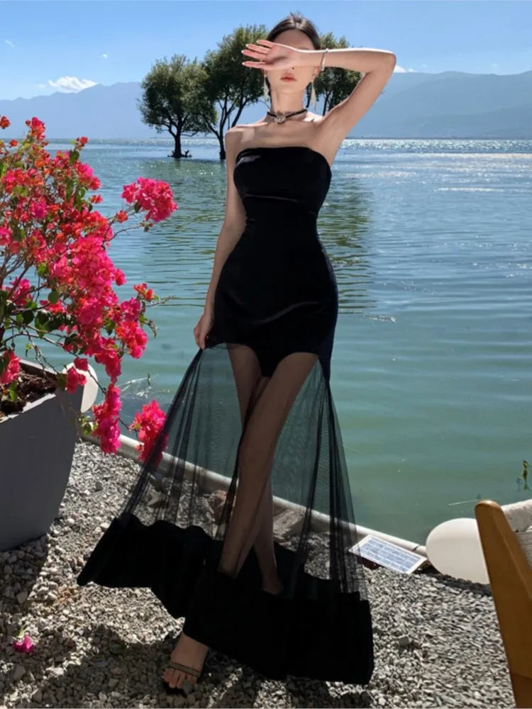 Y2K Black Strapless Wedding Evening Party Dresses for Women Black Mesh Patchwork Sexy New Summer Korean Fashion Midi Vestidos