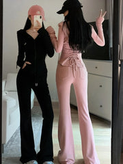 Y2K Casual 2 Piece Set Tracksuit Women Hooded Zip Up Slim Coat + Drawstring Wide Leg Pants Autumn Korean Fashion Solid Outfits