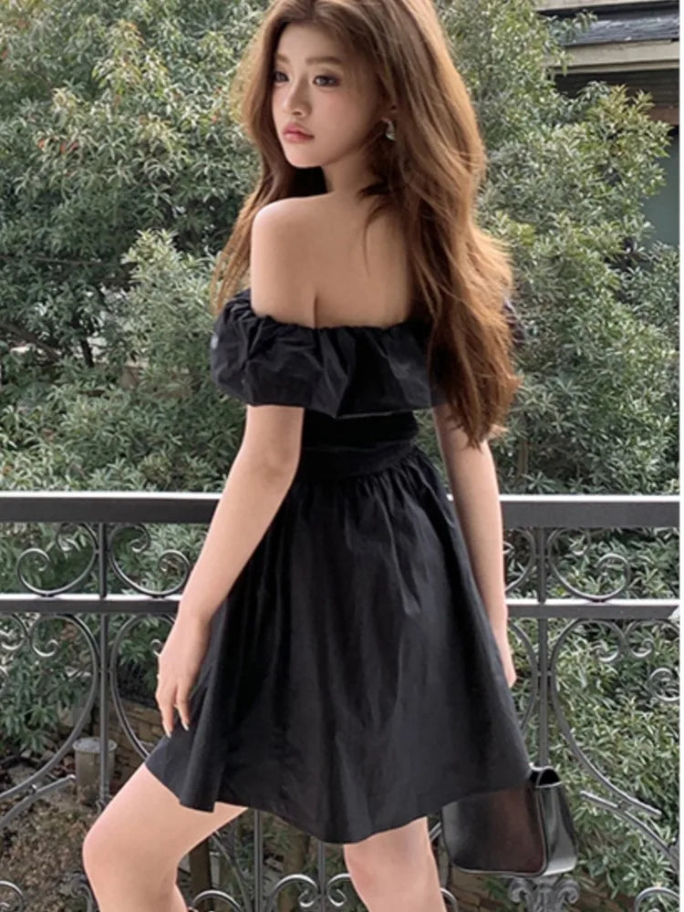 Y2K Elegant Dresses for Women Summer New Slash Neck Off Shoulder Birthday Party Short Dress Solid A-line Casual Korean Vestidos