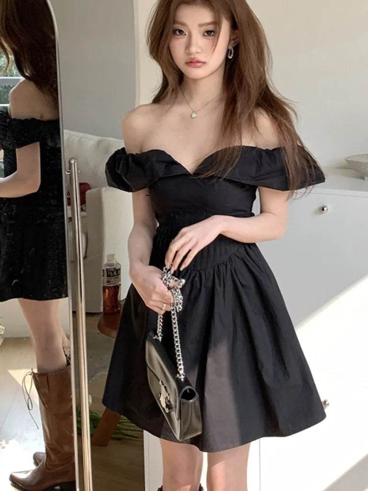 Y2K Elegant Dresses for Women Summer New Slash Neck Off Shoulder Birthday Party Short Dress Solid A-line Casual Korean Vestidos