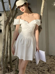 Y2K Elegant Dresses for Women Summer New Slash Neck Off Shoulder Birthday Party Short Dress Solid A-line Casual Korean Vestidos