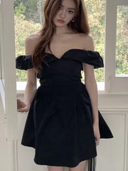 Y2K Elegant Dresses for Women Summer New Slash Neck Off Shoulder Birthday Party Short Dress Solid A-line Casual Korean Vestidos