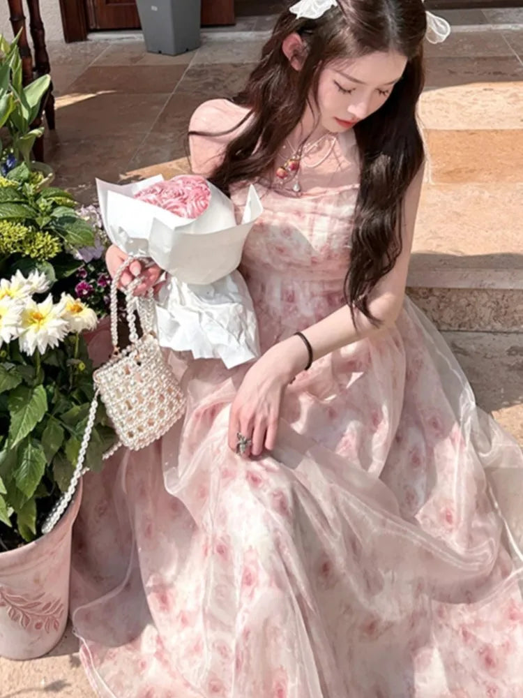 Y2K Elegant Print Chiffon Halter Dresses for Women Sweet Pink Casual Sleeveless A-line Kawaii Party Dress Fairy Princess Vestido