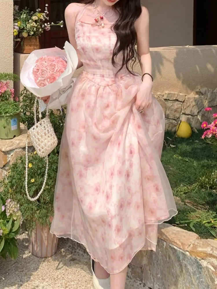 Y2K Elegant Print Chiffon Halter Dresses for Women Sweet Pink Casual Sleeveless A-line Kawaii Party Dress Fairy Princess Vestido