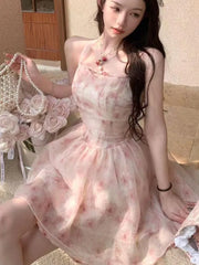 Y2K Elegant Print Chiffon Halter Dresses for Women Sweet Pink Casual Sleeveless A-line Kawaii Party Dress Fairy Princess Vestido