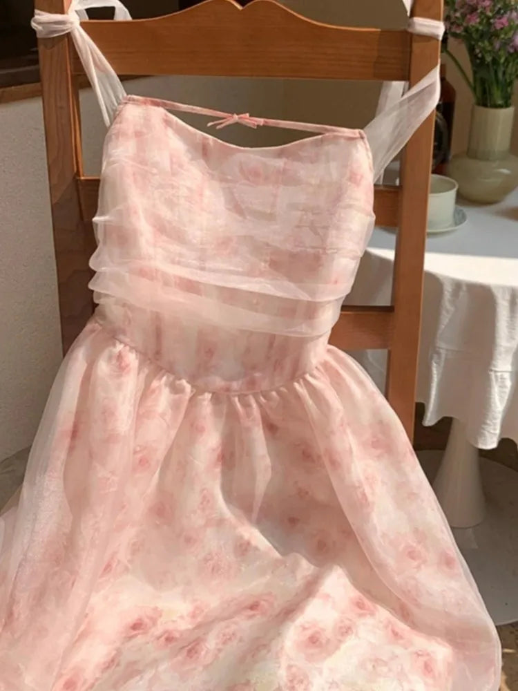 Y2K Elegant Print Chiffon Halter Dresses for Women Sweet Pink Casual Sleeveless A-line Kawaii Party Dress Fairy Princess Vestido