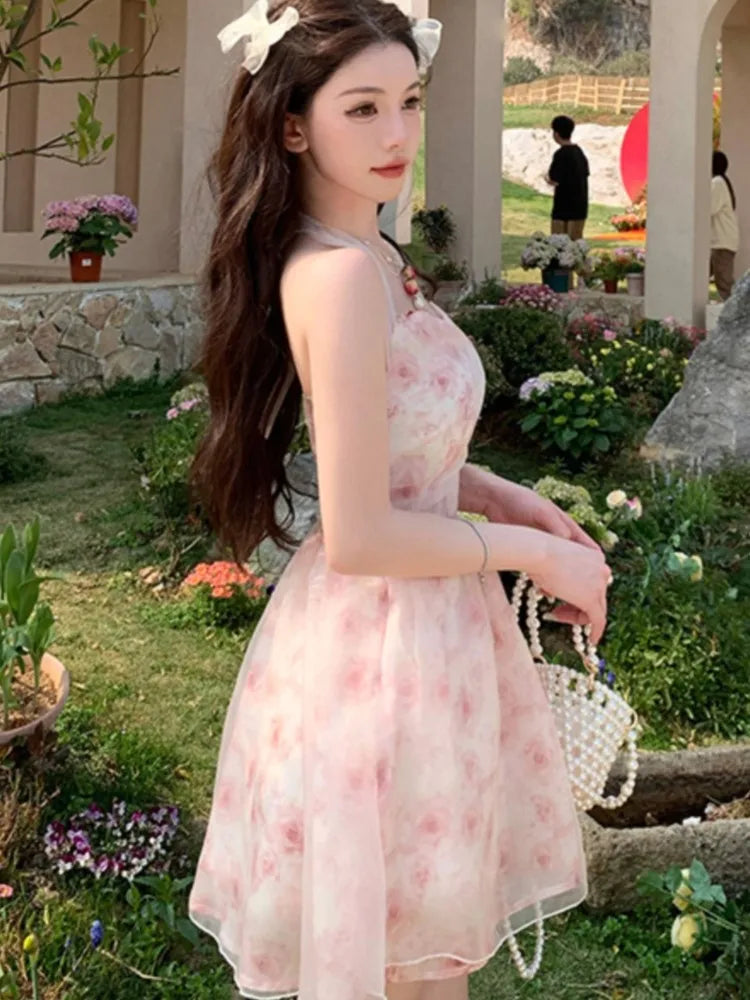 Y2K Elegant Print Chiffon Halter Dresses for Women Sweet Pink Casual Sleeveless A-line Kawaii Party Dress Fairy Princess Vestido