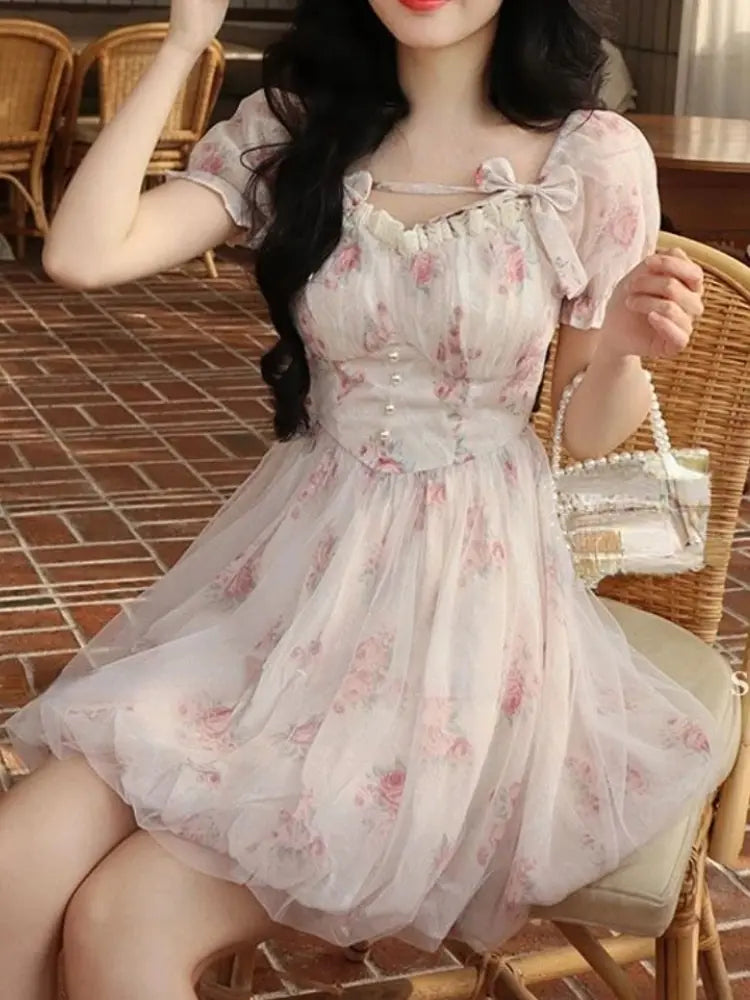 Y2K Floral Print Short Dresses for Women Kawaii Birthday Party Dress High Waist A-Line Slim Spring Summer New Prom Vestido Mujer