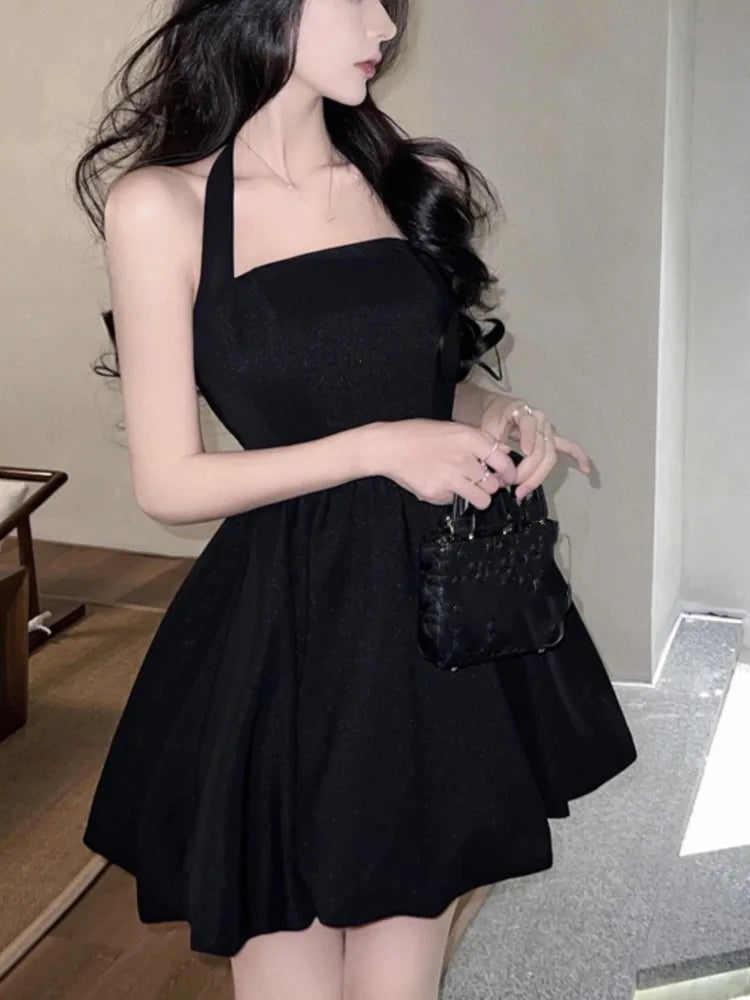 Y2K Halter Black Short Dress Women New Summer Sleeveless A-line Evening Party Dresses Korean Chic High Waist Prom Mini Vestidos