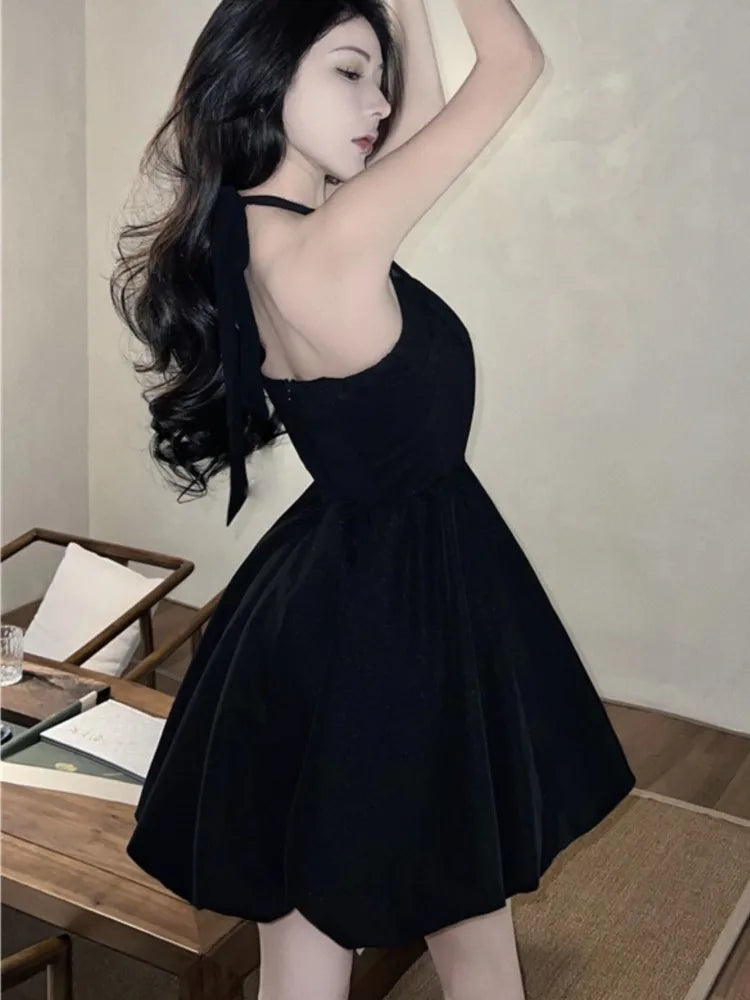 Y2K Halter Black Short Dress Women New Summer Sleeveless A-line Evening Party Dresses Korean Chic High Waist Prom Mini Vestidos