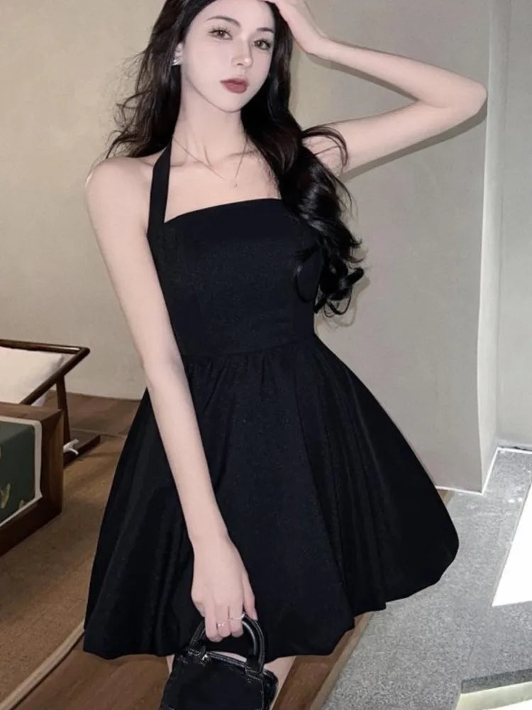 Y2K Halter Black Short Dress Women New Summer Sleeveless A-line Evening Party Dresses Korean Chic High Waist Prom Mini Vestidos