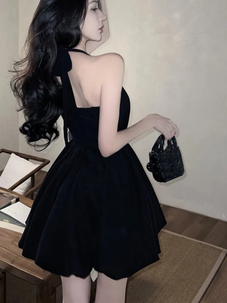 Y2K Halter Black Short Dress Women New Summer Sleeveless A-line Evening Party Dresses Korean Chic High Waist Prom Mini Vestidos