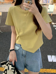 Y2K Irregular T-shirt Women Summer Skinny T Shirt Femme Solid Short Sleeve Korean Kpop Slim O-Neck Tshirt Woman Clothes Top