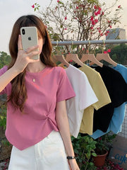 Y2K Irregular T-shirt Women Summer Skinny T Shirt Femme Solid Short Sleeve Korean Kpop Slim O-Neck Tshirt Woman Clothes Top