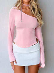 Y2K Off Shoulder Sexy Summer Crop Top Women Streetwear 2024 Spring Pink Long Sleeve Slim Basic T Shirts Casual Tees