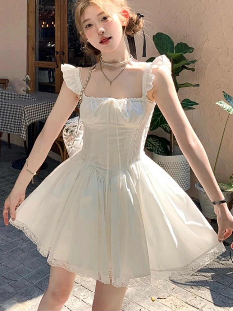 Y2K Pleated Mini Corset Dress Women Square Collar Lace Patchwork Off Shoulder New Summer Party Dresses Kawaii A-line Vestidos