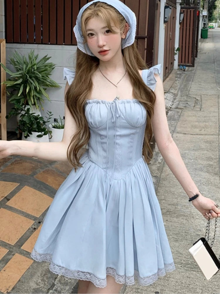 Y2K Pleated Mini Corset Dress Women Square Collar Lace Patchwork Off Shoulder New Summer Party Dresses Kawaii A-line Vestidos