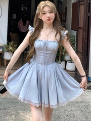 Y2K Pleated Mini Corset Dress Women Square Collar Lace Patchwork Off Shoulder New Summer Party Dresses Kawaii A-line Vestidos