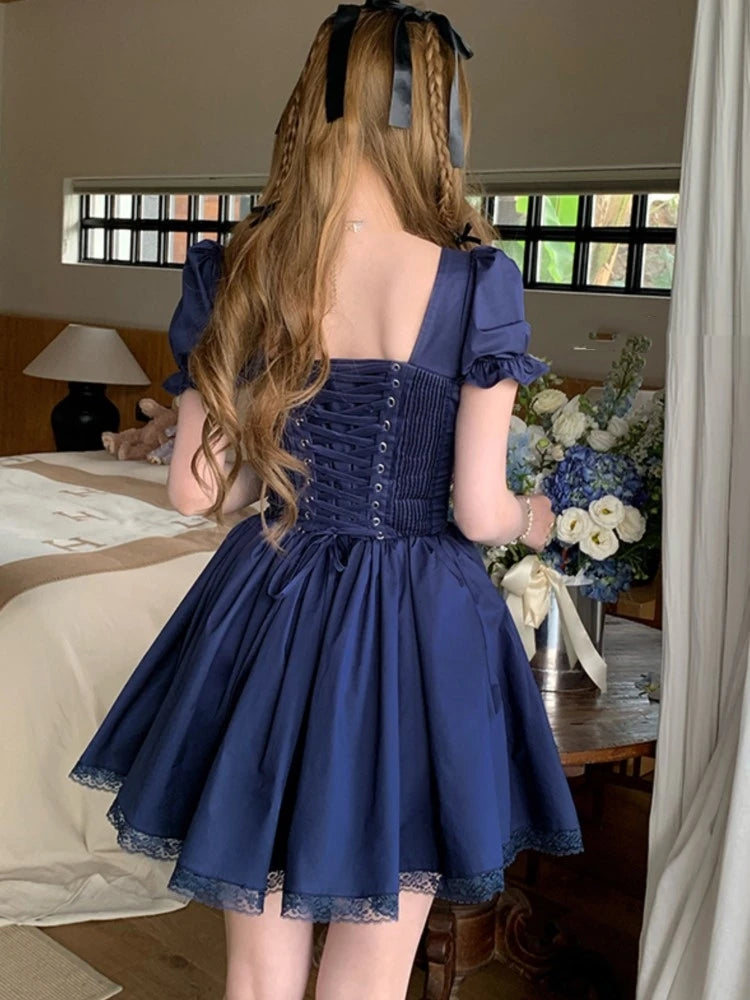 Y2K Princess Dress Women Lace Patchwork Kawaii Square Collar Off Shoulder Lace Up A-line Puff Sleeve French Style Party Dresses