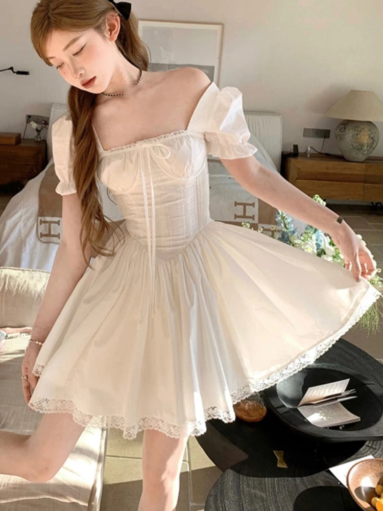 Y2K Princess Dress Women Lace Patchwork Kawaii Square Collar Off Shoulder Lace Up A-line Puff Sleeve French Style Party Dresses