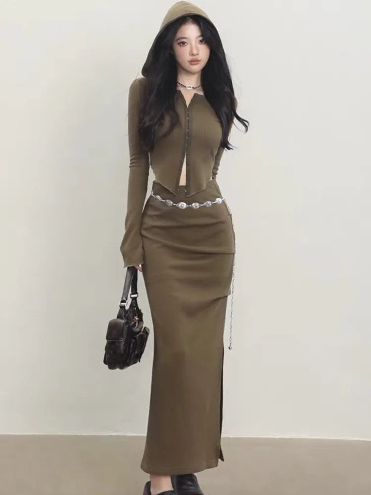 Y2K Solid 2-piece Set Women Hooded Long Sleeve Zipper Cropped Top Slit Skirt Autumn Winter Korean Fashion Slim Outfits Trend