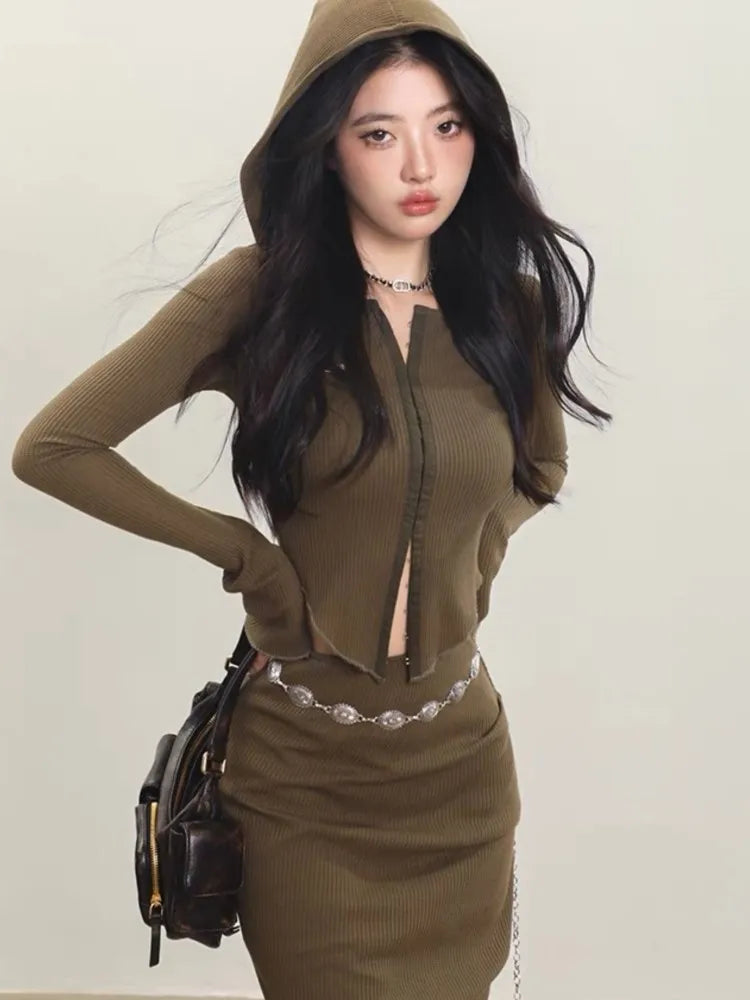 Y2K Solid 2-piece Set Women Hooded Long Sleeve Zipper Cropped Top Slit Skirt Autumn Winter Korean Fashion Slim Outfits Trend