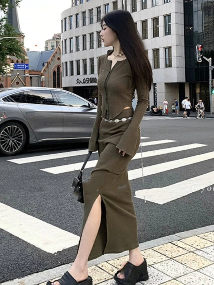 Y2K Solid 2-piece Set Women Hooded Long Sleeve Zipper Cropped Top Slit Skirt Autumn Winter Korean Fashion Slim Outfits Trend