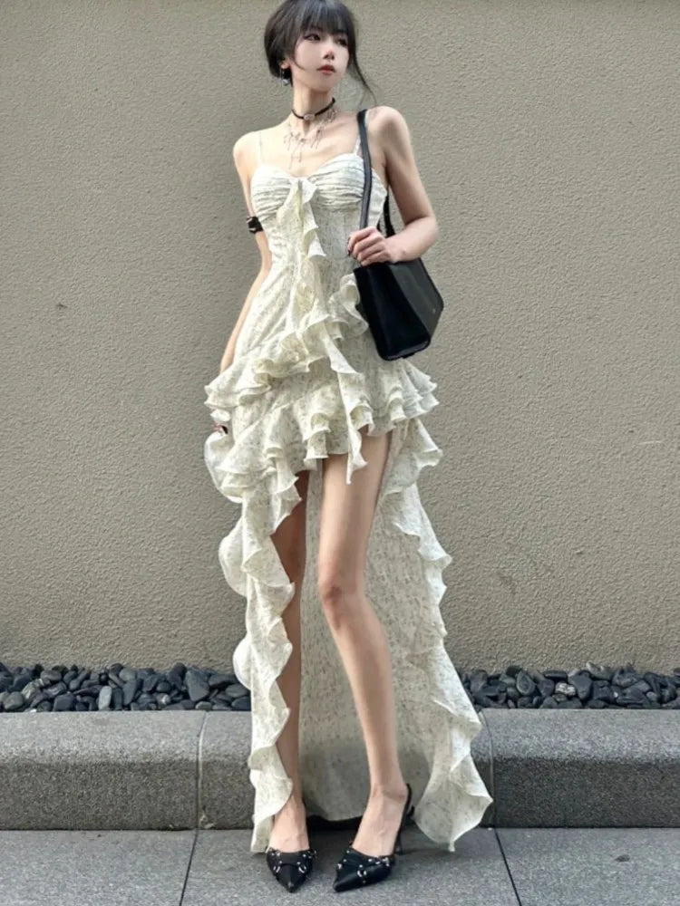 Y2K Spaghetti Strap Irregular Dress Women Layered Ruffles Slim Sexy Party Dress Spring New Prom Robe Wedding Vestidos Mujer