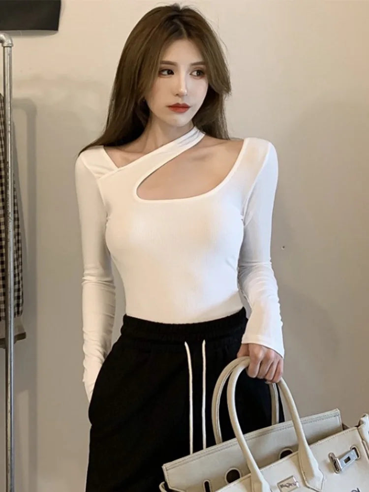 Y2K T-shirt Woman Autumn Sexy Skinny Tee Shirt Femme Long Sleeve Halter Clothes Hollow Out Korean Fashon Kpop Tops Tshirt