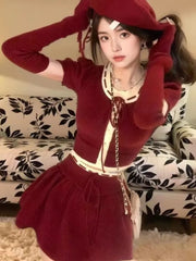 Y2K Two-Piece Knitwear Suit Women Single Breasted Long Sleeve Cropped Top High Waist Mini Skirt Korean Fashion Knitted Outfits