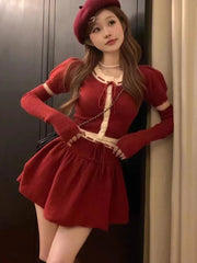 Y2K Two-Piece Knitwear Suit Women Single Breasted Long Sleeve Cropped Top High Waist Mini Skirt Korean Fashion Knitted Outfits