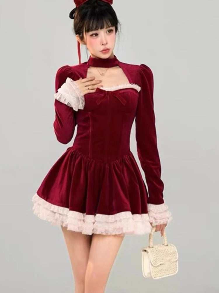 Y2K Velvet Mini Dress Women Lace Ruffles Patchwork Square Collar Autumn Spring Christmas Party A-line Princess Vestidos Mujer