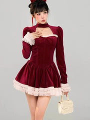 Y2K Velvet Mini Dress Women Lace Ruffles Patchwork Square Collar Autumn Spring Christmas Party A-line Princess Vestidos Mujer