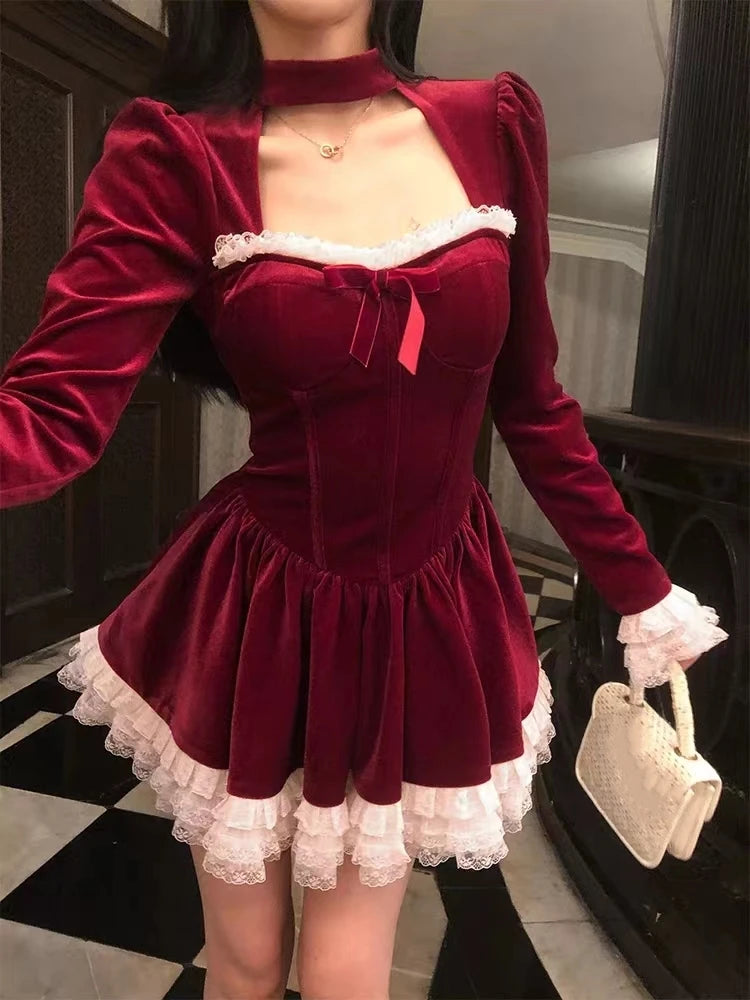 Y2K Velvet Mini Dress Women Lace Ruffles Patchwork Square Collar Autumn Spring Christmas Party A-line Princess Vestidos Mujer